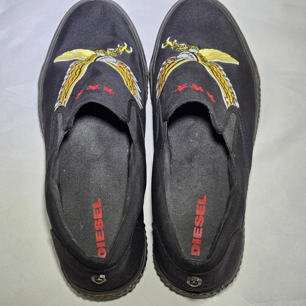 DIESEL Vansis Shoes Womens 9.5 Slip‎ On Black Eagle Embroidered Rare